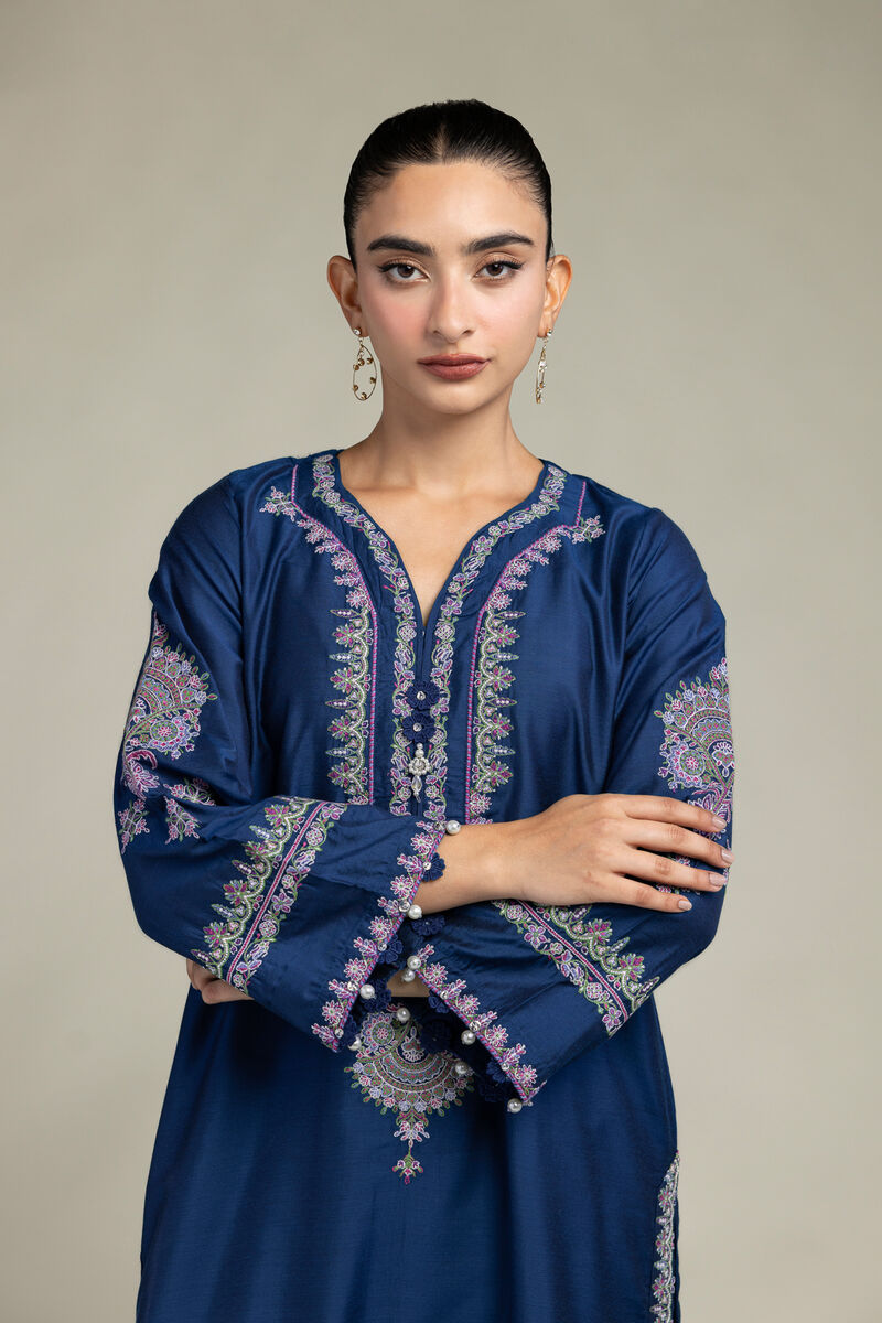 Raw Silk | Navy Longline Kurta | USD 60.00