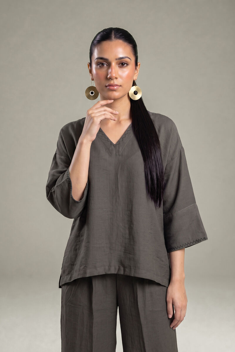 Dyed | Crepe | Solid V-Neck Tunic | USD 40.00