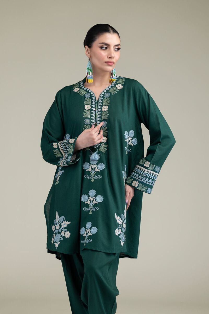 Embroidered | Raw Silk | Green V-Neck Kurta | USD 45.00