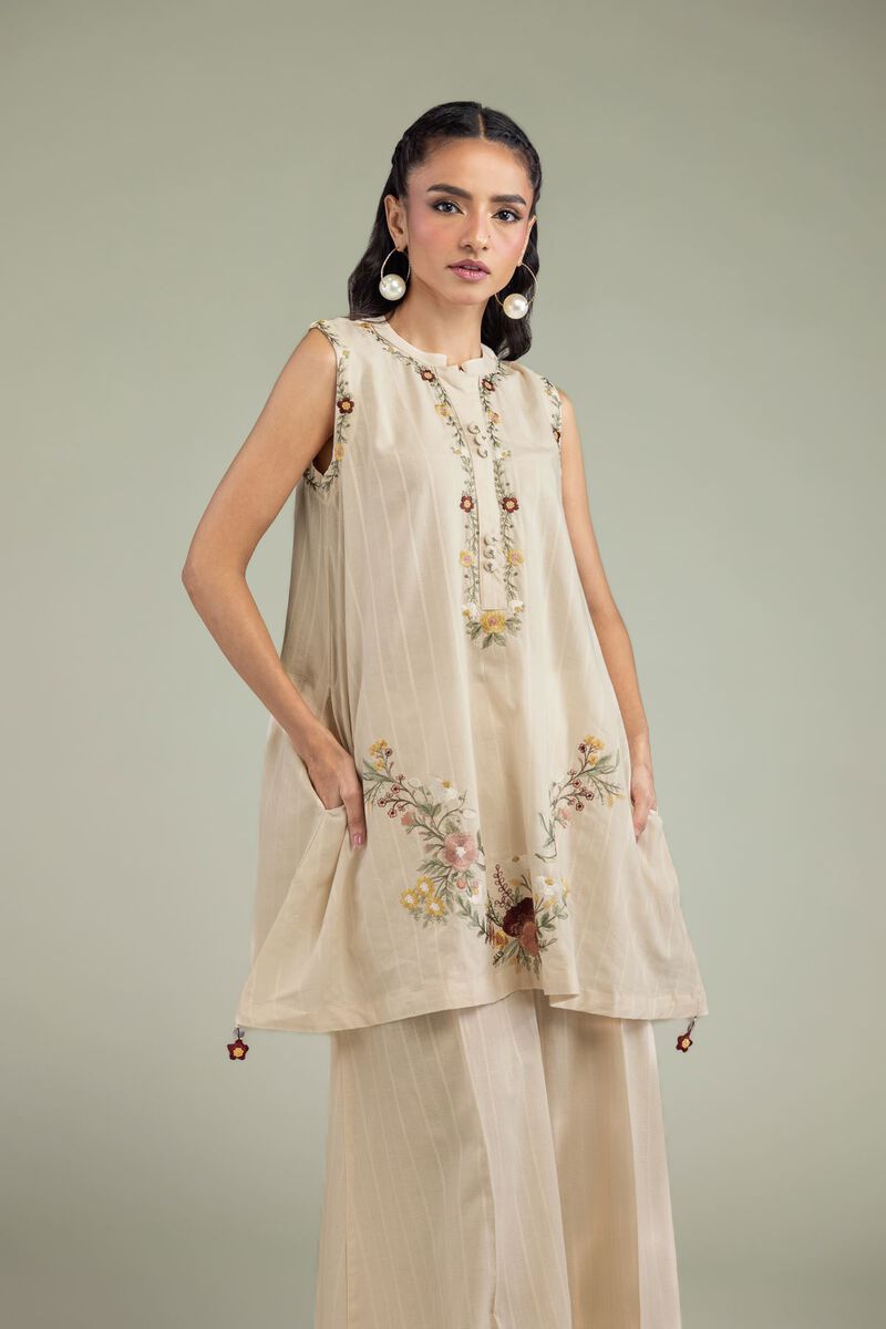 Embroidered | Textured Cotton | Beige Sleeveless Kurta | USD 45.00