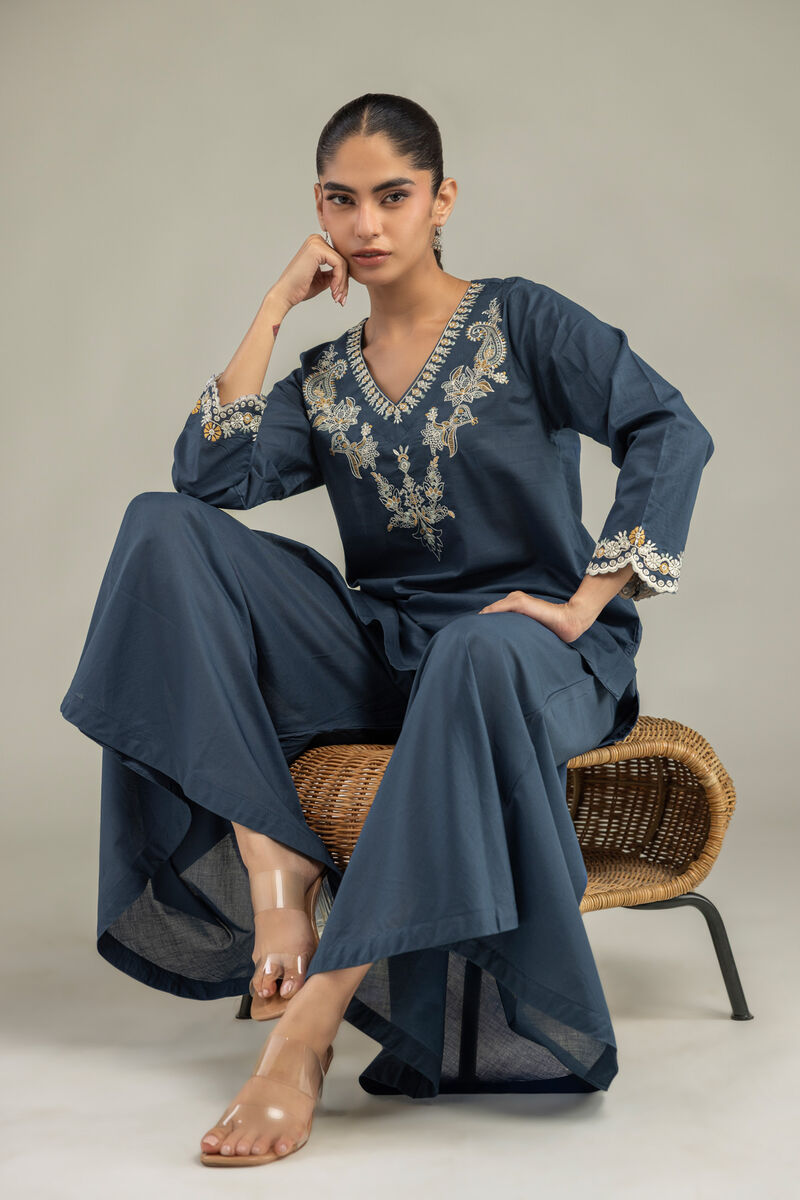 Embroidered | Cambric | Short Navy Kurta | USD 40.00