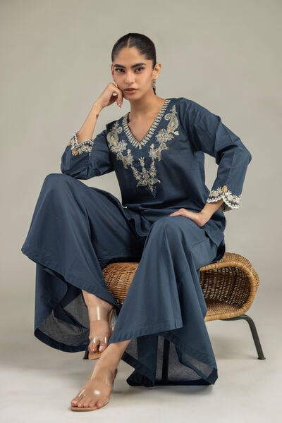 Embroidered | Cambric | Short Navy Kurta | USD 40.00