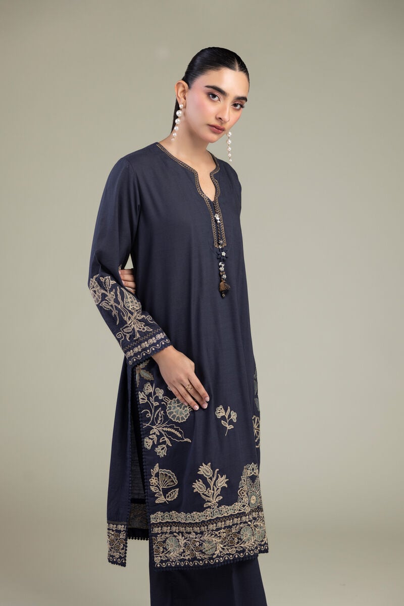 Embroidered | Raw Silk | Floral Navy Kurta | USD 65.00