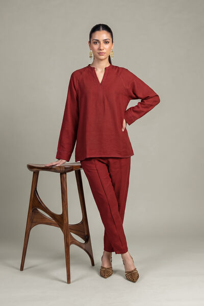 Dyed | Crepe | Solid Maroon Trousers | USD 35.00