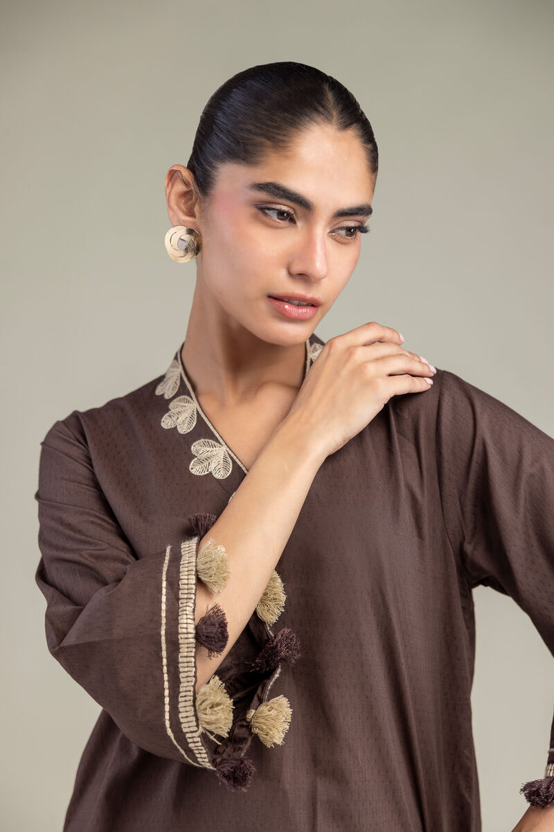 Embroidered | Cotton Dobby | Brown V-Neck Kurta | USD 40.00
