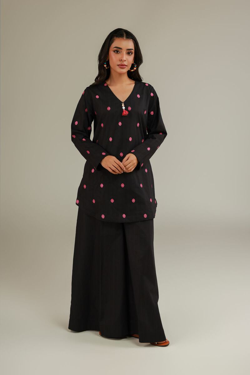 Embroidered | Cotton Dobby | Black V-Neck Kurta | USD 35.00