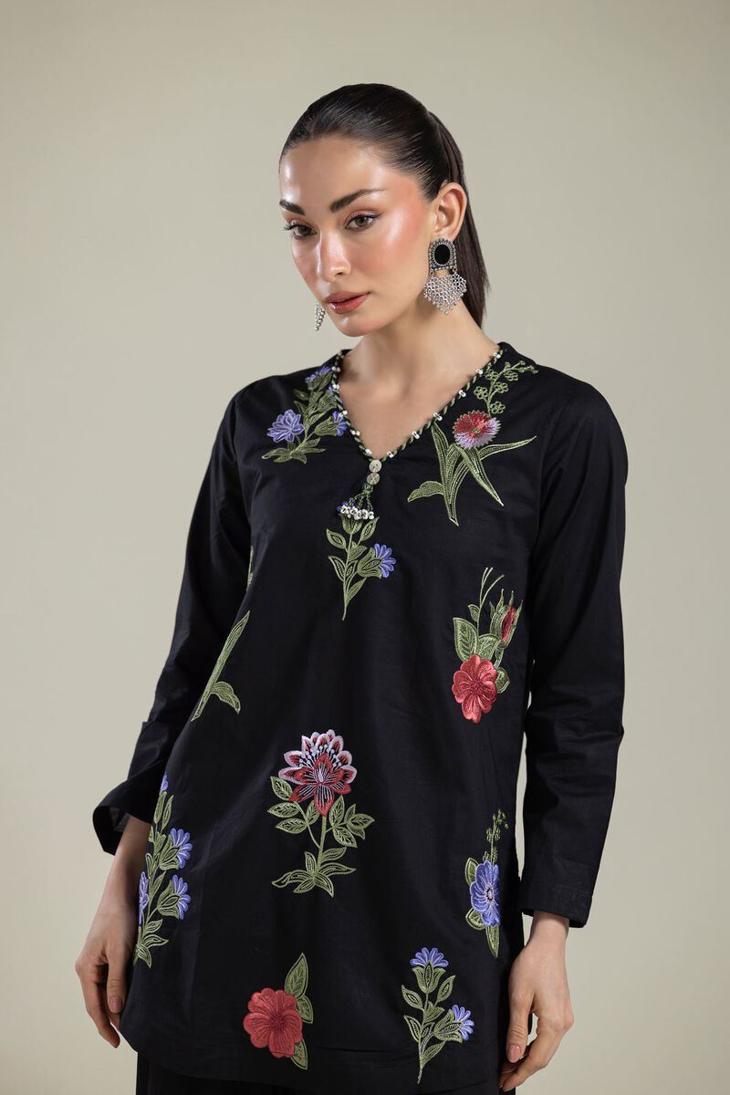 Embroidered | Cambric | Black V-Neck Kurta | USD 40.00