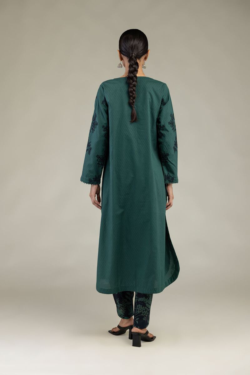 Embroidered | Cotton Dobby | Green Longline Kurta | USD 60.00