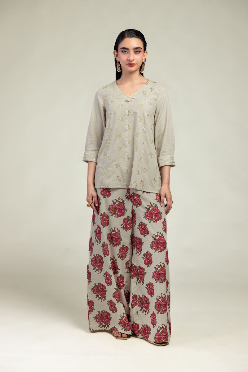 Embroidered | Raw Silk | Beige V-Neck Kurta | USD 40.00