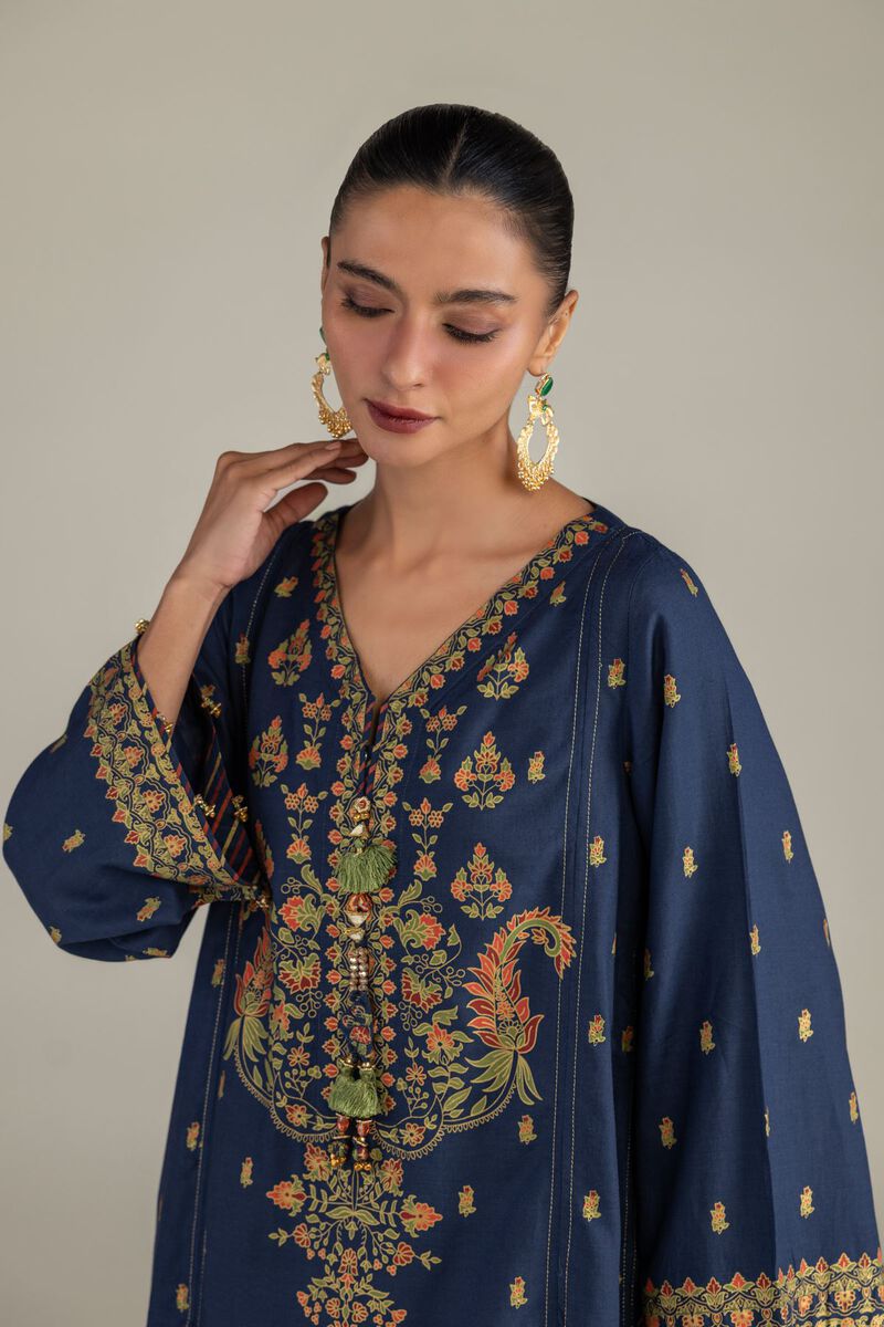 Printed | Raw Silk | Navy Silk Kurta | null