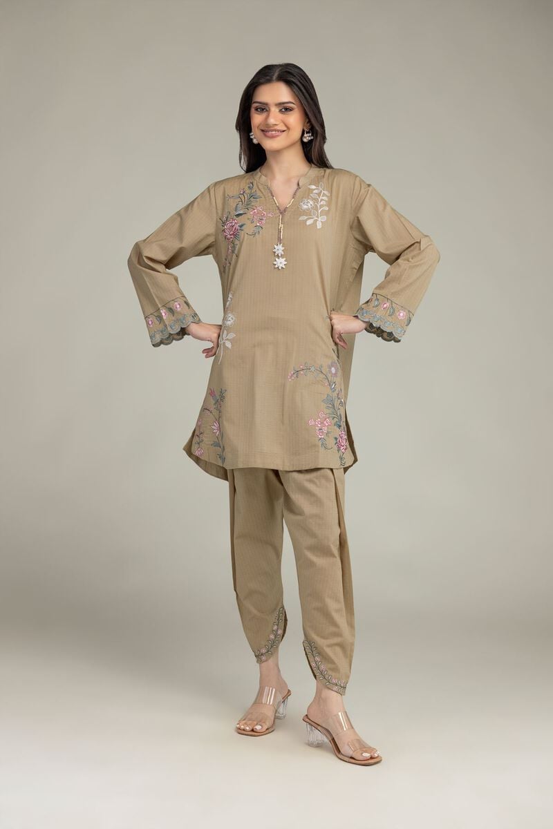Embroidered | Cotton Dobby | Floral V-Neck Kurta  | USD 40.00