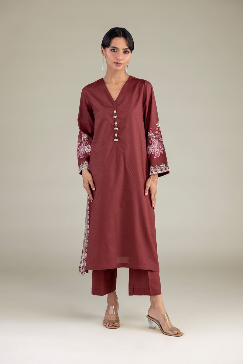 Embroidered | Cotton Dobby | Maroon V-Neck Kurta | USD 45.00
