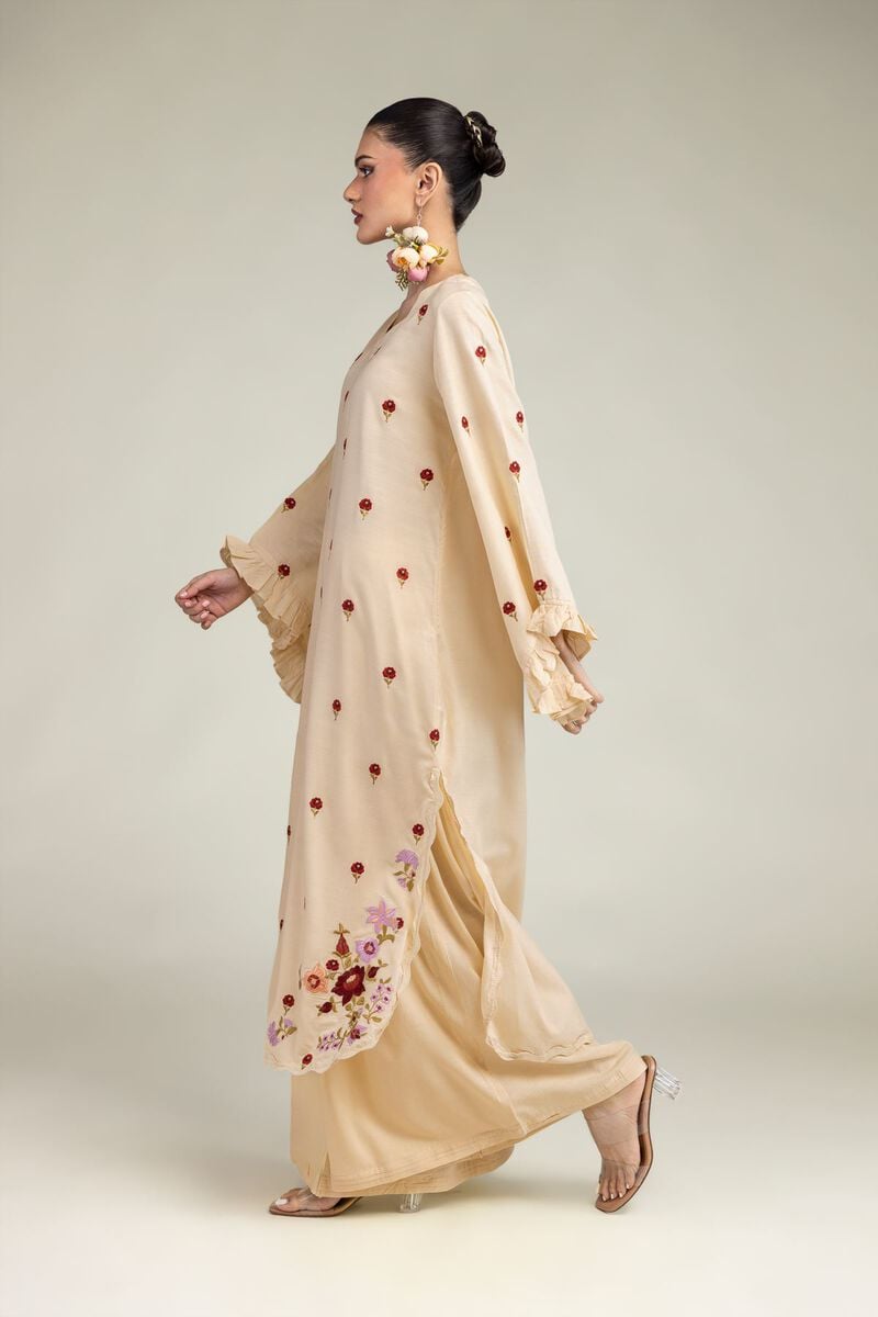 Embroidered | Raw Silk | Beige Solid Pants | USD 30.00