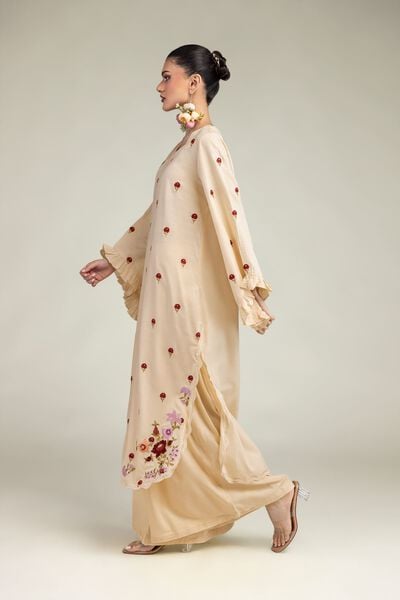 Embroidered | Raw Silk | Beige Solid Pants | USD 30.00