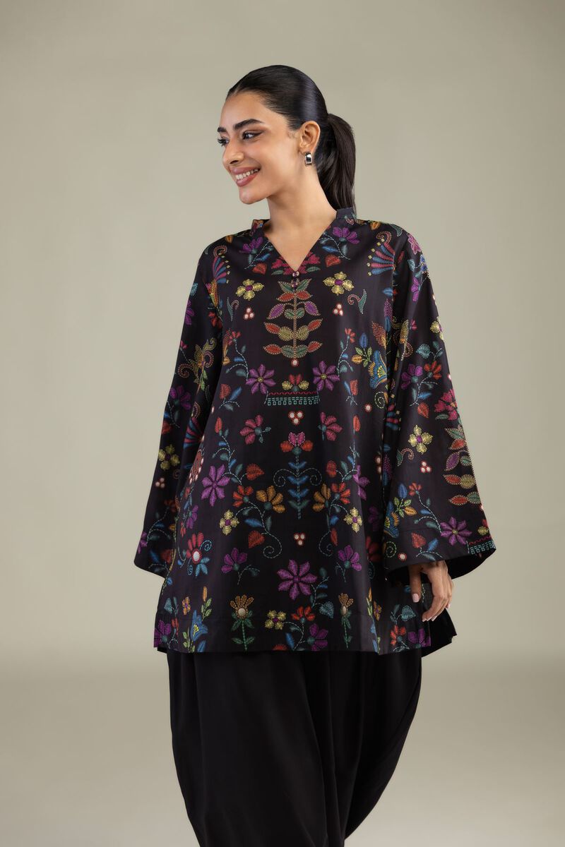 Printed | Textured Weave | Black V-Neck Kurta | USD 35.00