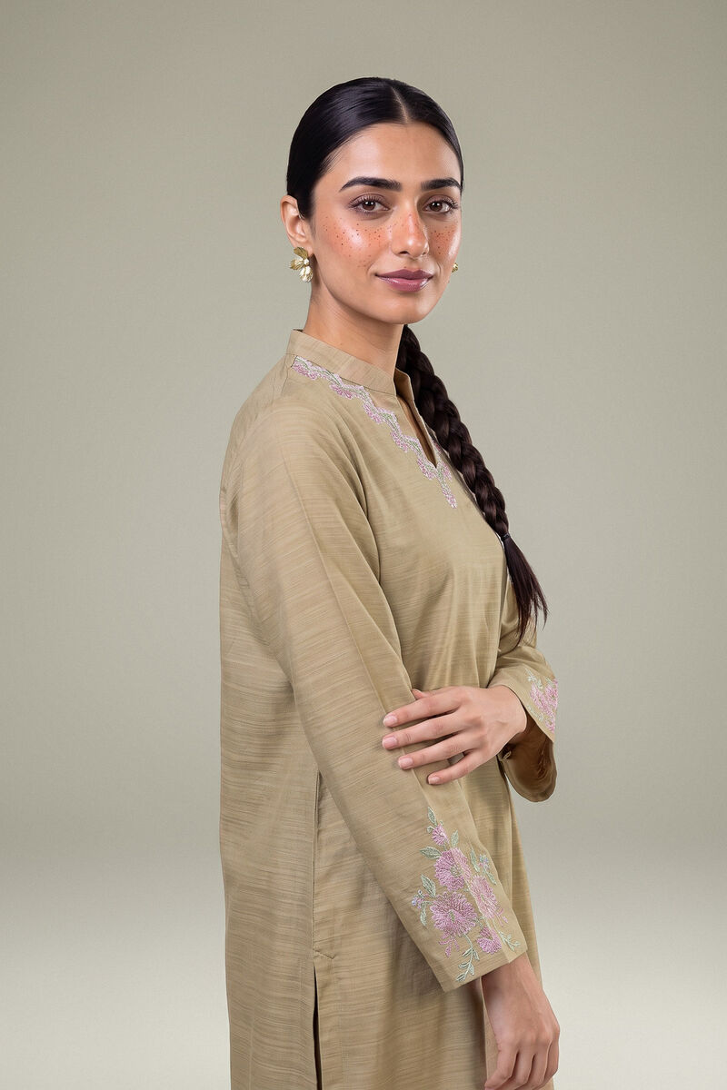 Embroidered | Light Khaddar | Longline Beige Kurta | USD 35.00