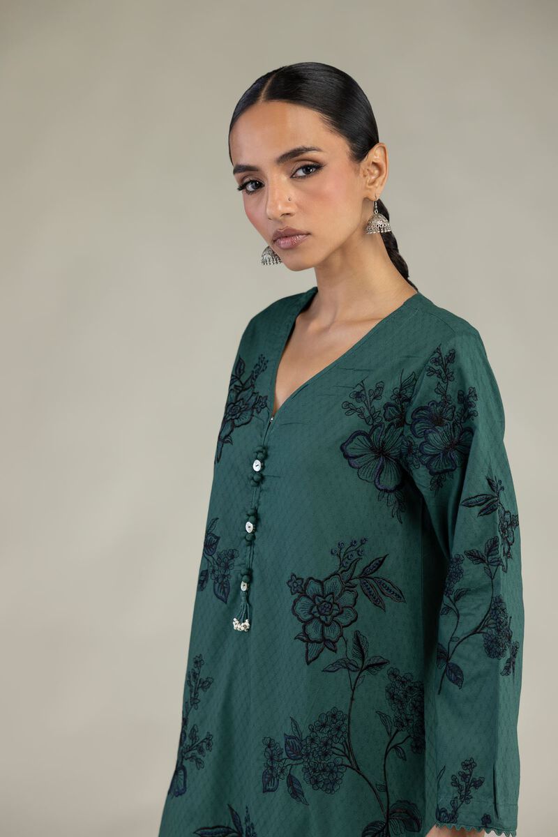 Embroidered | Cotton Dobby | Green Longline Kurta | USD 60.00