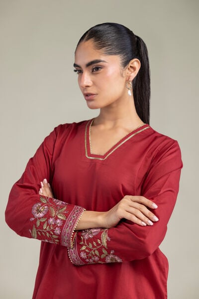Embroidered | Cambric | Red Floral Kurta | USD 40.00