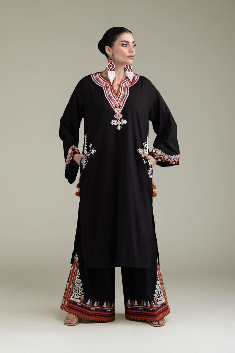 Embroidered | Raw Silk | Black Longline Kurta | USD 45.00