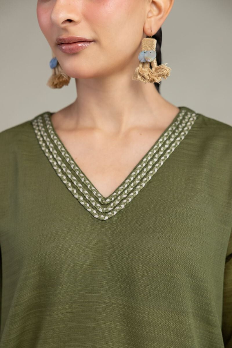 Dyed | Textured Cotton | Olive V-Neck Kurta | USD 35.00