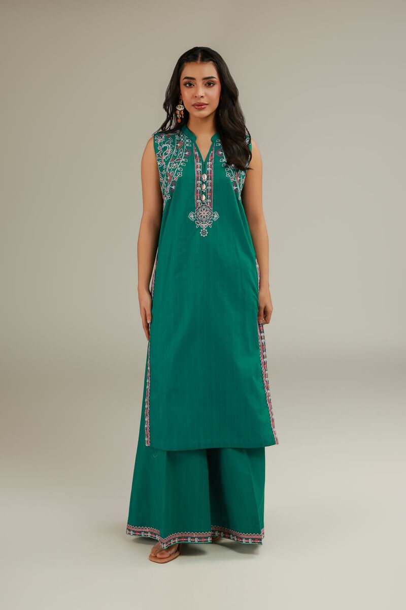 Embroidered | Cotton Dobby | Green Sleeveless Kurta | USD 35.00