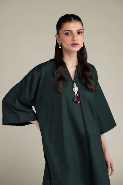 Dyed | Textured Cotton Viscose | V-Neck Cotton Kurta | USD 35.00