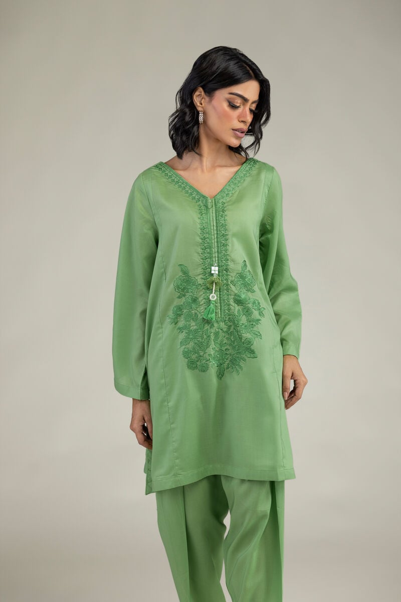 Embroidered | Lyocell | Green V-Neck Kurta | USD 40.00