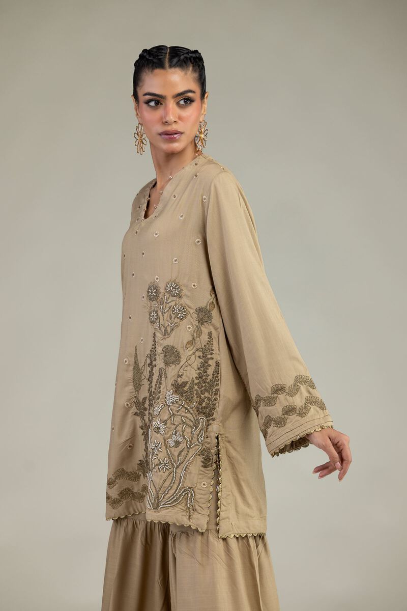 Embroidered | Raw Silk | Floral V-Neck Kurta | USD 60.00
