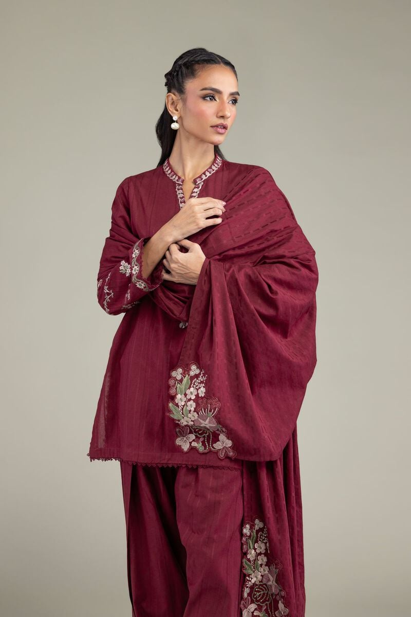 Embroidered | Textured Cotton | Floral Maroon Dupatta | USD 35.00