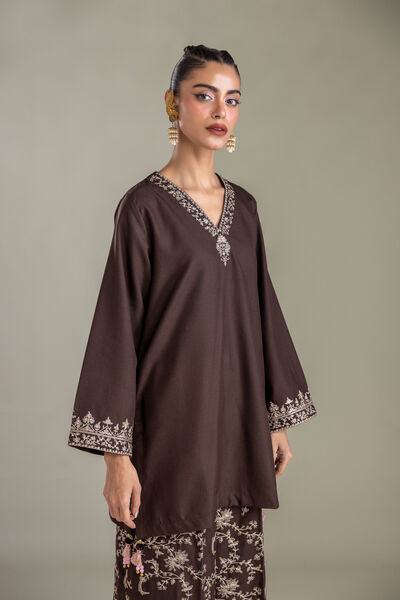 Embroidered | Heavy Blended Viscose | Brown V-neck Kurta | USD 60.00