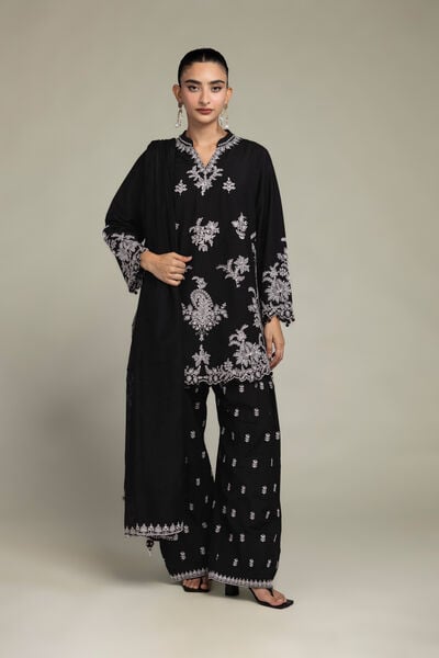 Raw Silk | Floral Black Shalwar | USD 40.00