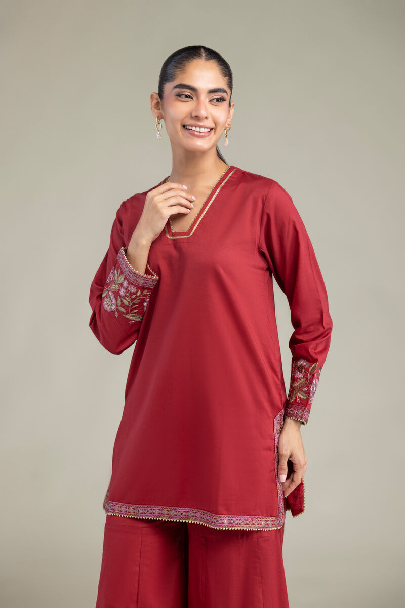 Embroidered | Cambric | Red Floral Kurta | USD 40.00
