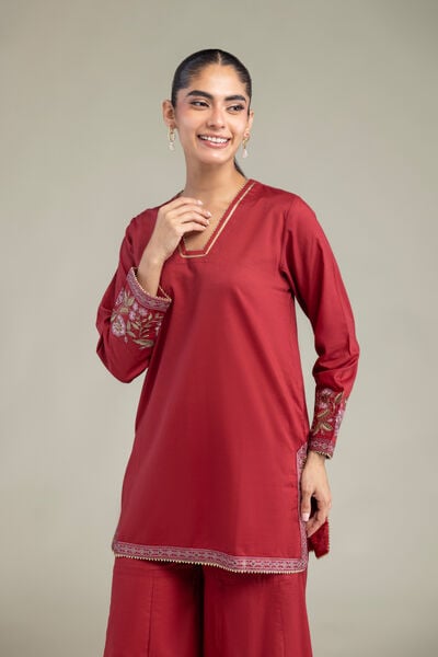 Embroidered | Cambric | Red Floral Kurta | USD 40.00