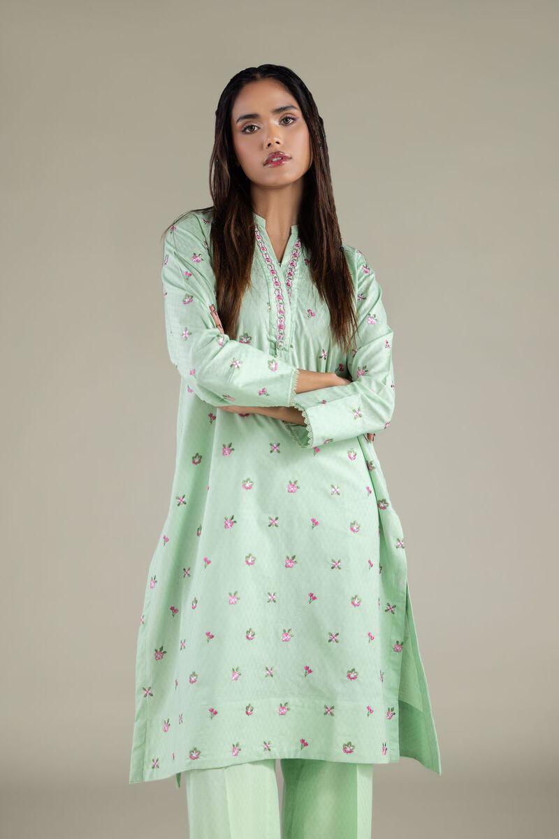 Embroidered | Cotton Dobby | Floral Band-Collar Kurta | USD 40.00
