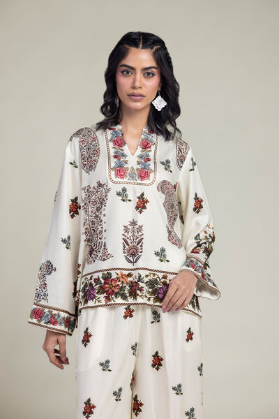 Embroidered | Viscose Crepe | Floral V-Neck Shirt | USD 40.00