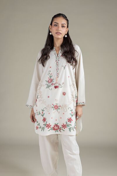 Embroidered | Textured Cambric | Floral V-Neck Kurta | USD 40.00