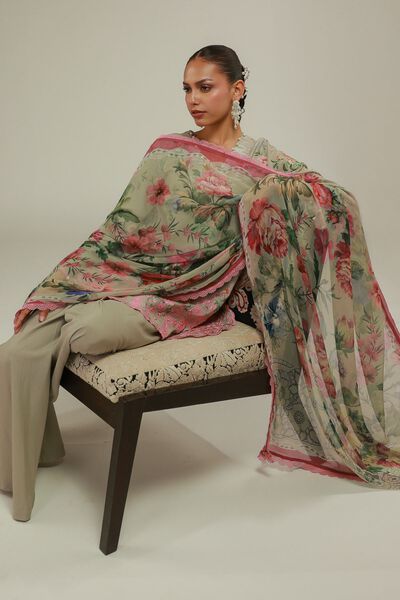 Embroidered | Chiffon | Floral Lace-Up Dupatta | USD 35.00