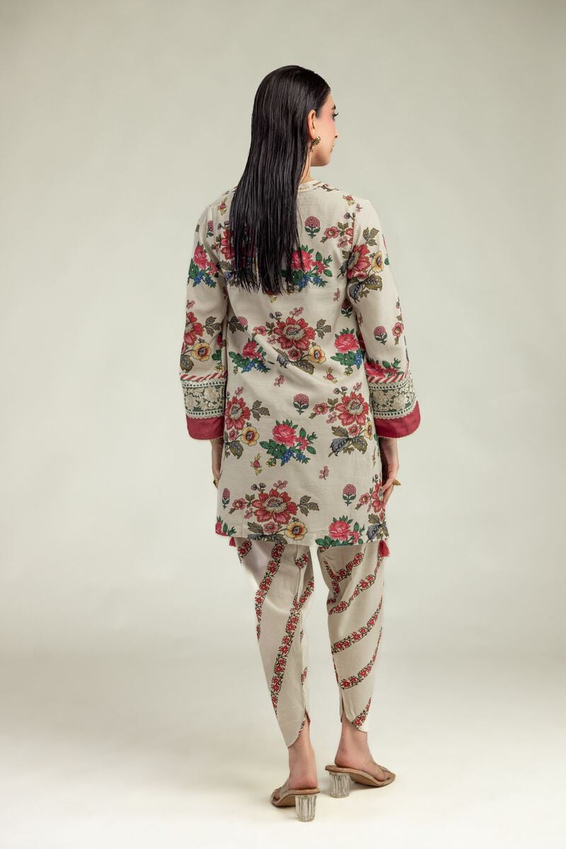 Embroidered | Raw Silk | Floral Beige Kurta  | USD 40.00