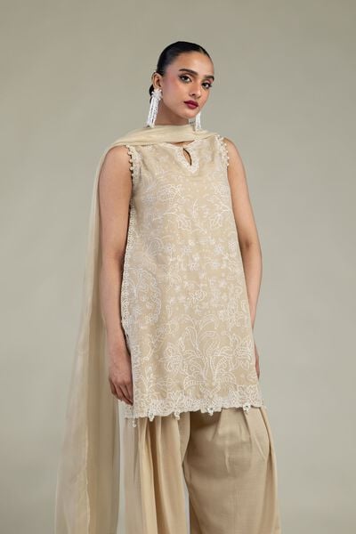 Embroidered | Raw Silk | Beige Sleeveless Kurta | USD 75.00