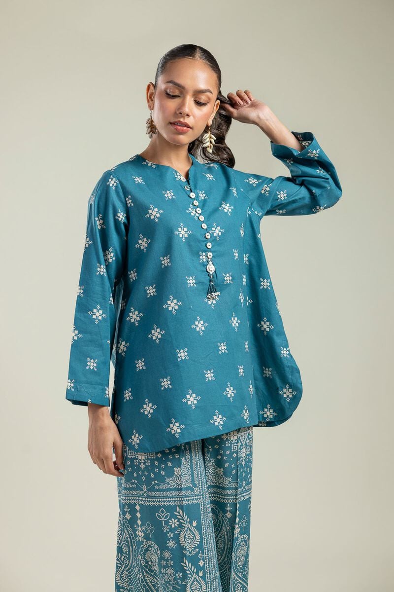 Printed | Cambric | Teal Cambric Kurta | USD 30.00