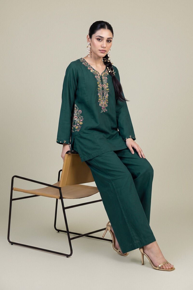 Embroidered | Raw Silk | Floral Green Kurta | USD 45.00