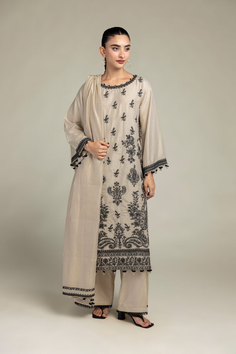 Raw Silk | Floral Beige Kurta | USD 70.00