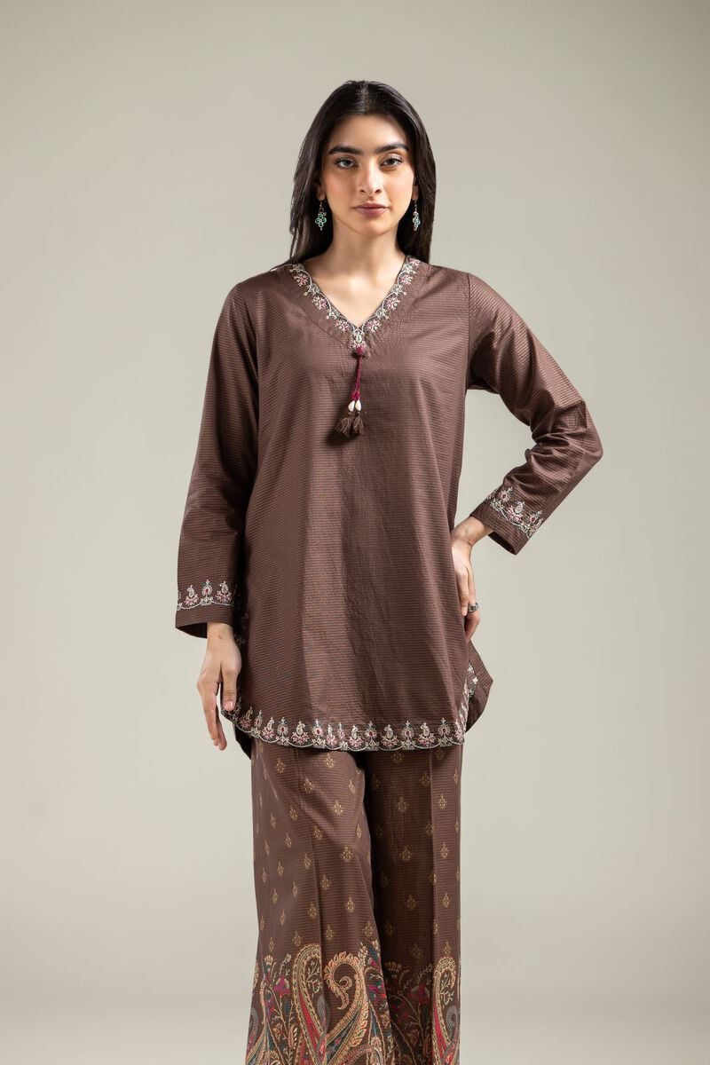Embroidered | Mesuri | Brown V-Neck Kurta | USD 35.00