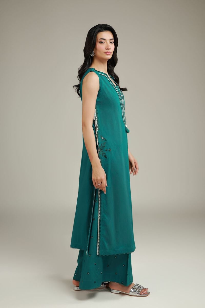 Embroidered | Cambric | Teal Cambric Pants | USD 35.00