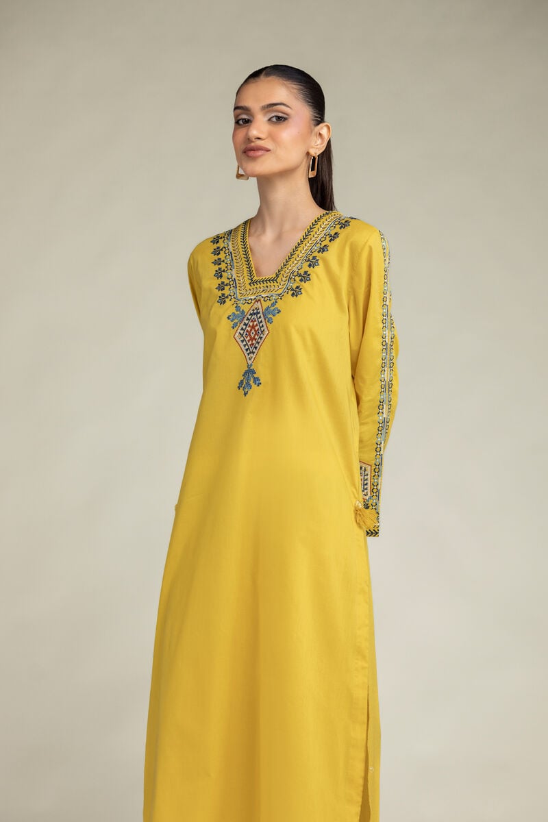 Embroidered | Cambric | Yellow Longline Kurta | USD 40.00