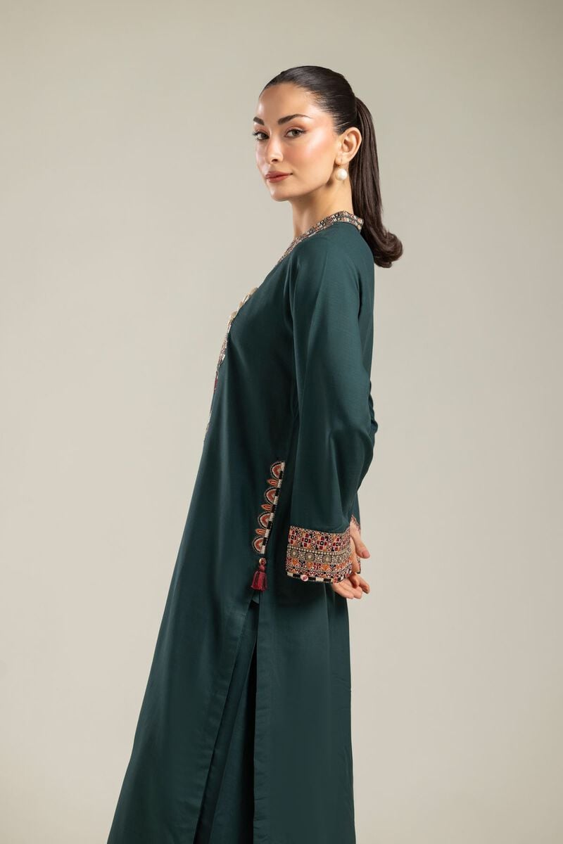 Embroidered | Raw Silk | Green Longline Kurta | USD 55.00