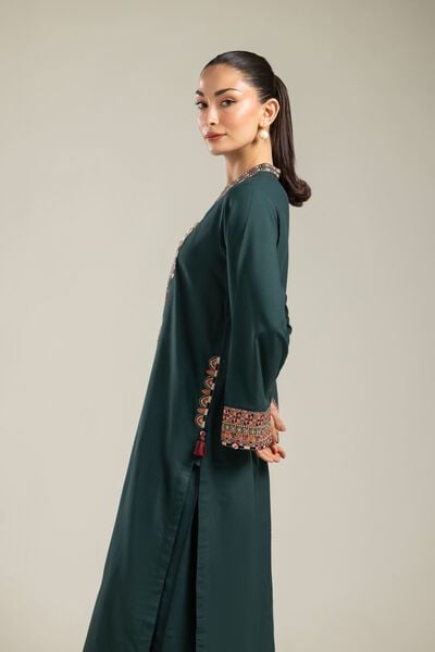 Embroidered | Raw Silk | Green Longline Kurta | USD 55.00