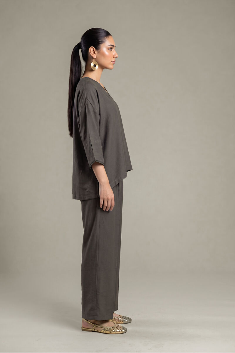 Dyed | Crepe | Gray Solid Trousers | USD 35.00