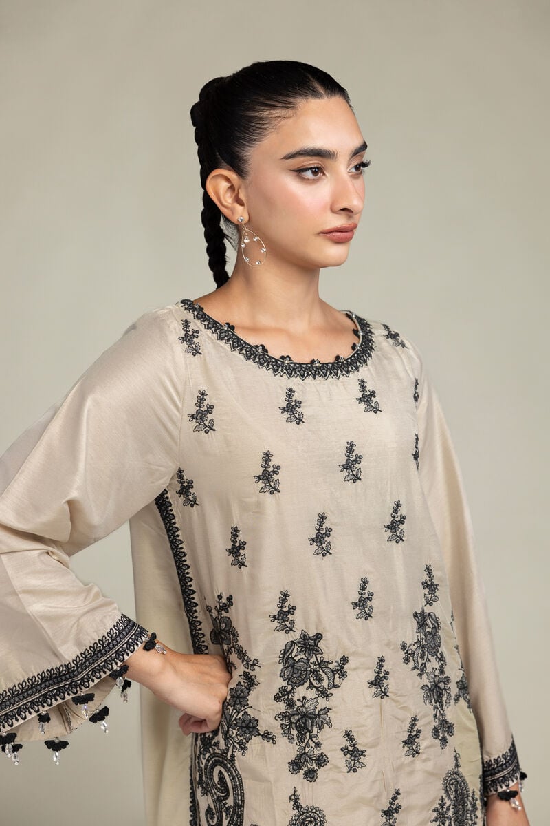 Raw Silk | Floral Beige Kurta | USD 70.00