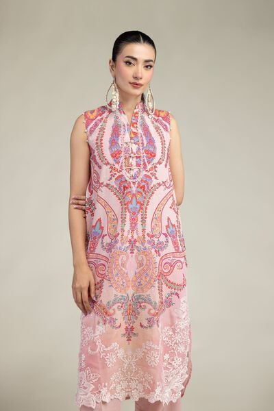 Embroidered | Raw Silk | Pink Floral Kurta | USD 60.00